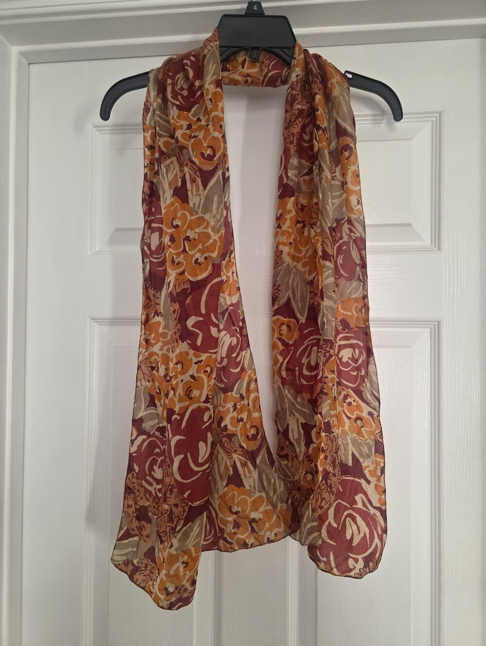 Lightweight Silk Floral Print Scarf in Burgundy and Mustard